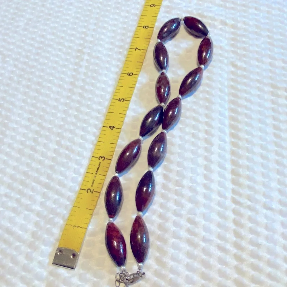 Red Brown Stone Oval Bead with small Pearl Spacers Necklace 925 Sterling